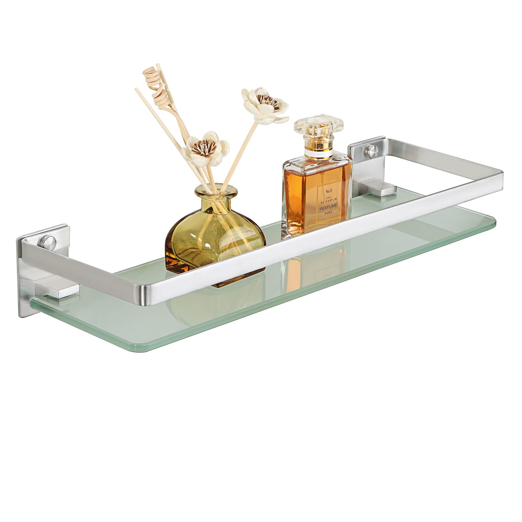 SAYAYO Bathroom Shelf Tempered Glass Shelf Wall Mounted, Brushed Shower Storage with SUS304 Stainless Steel Rail, 38CM Length, EGDL1001-LS