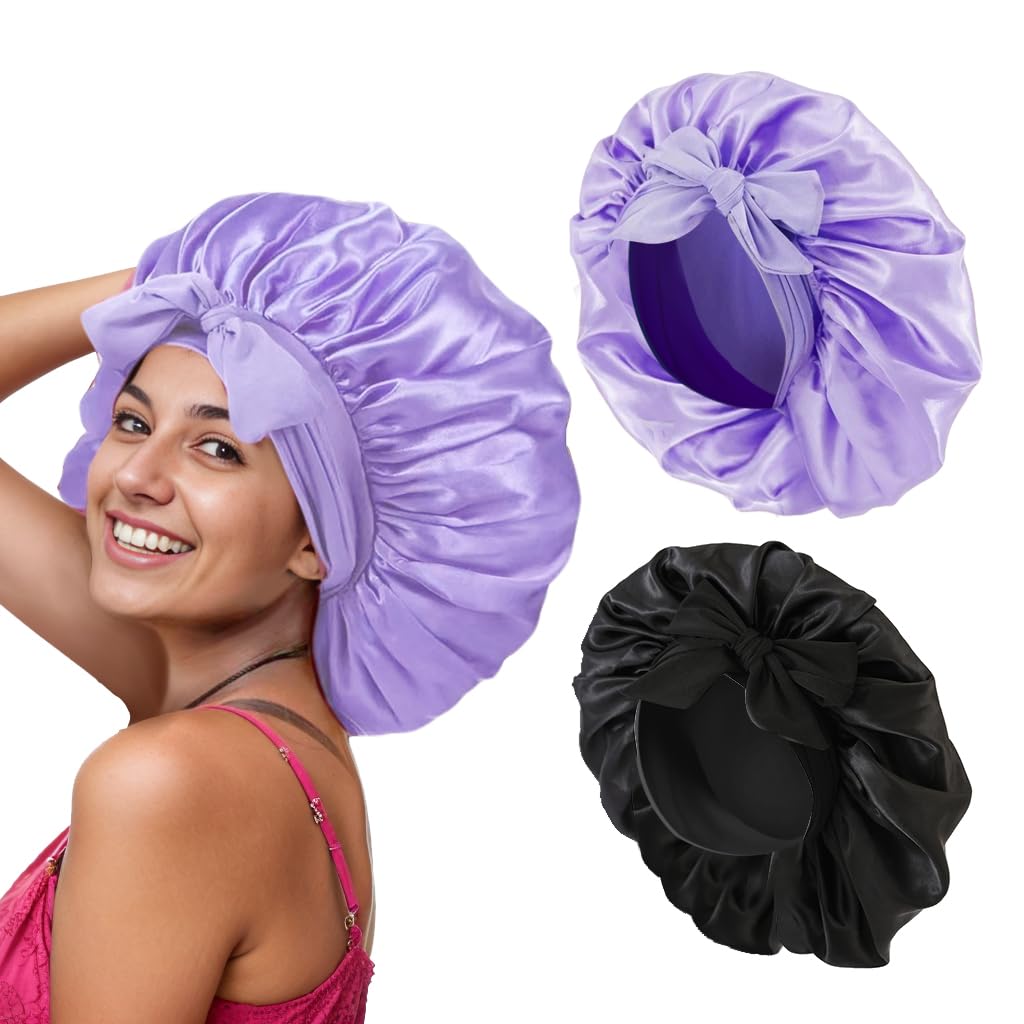 Satin Hair Bonnet for Women Sleeping - 2PCS Silk Bonnet for Sleeping Curly Hair, Soft Breathable Satin Bonnet Sleep Cap with Tie Band Hair Wrap Cap for Sleeping