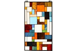 Bieye Geometric Color Block Tiffany Style Stained Glass Window Panel with Hanging Chain (13x24 inches W10024)