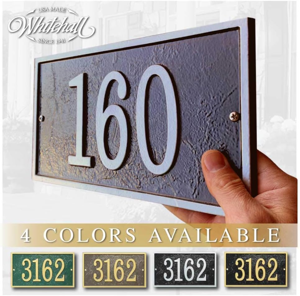 Plaques & Wall Art - Whitehall™ Personalized Cast Metal Address plaque with rectangle shape. Made in the USA. BEWARE OF IMPORT IMITATIONS. Four colors, four shapes available! Custom house number sign.