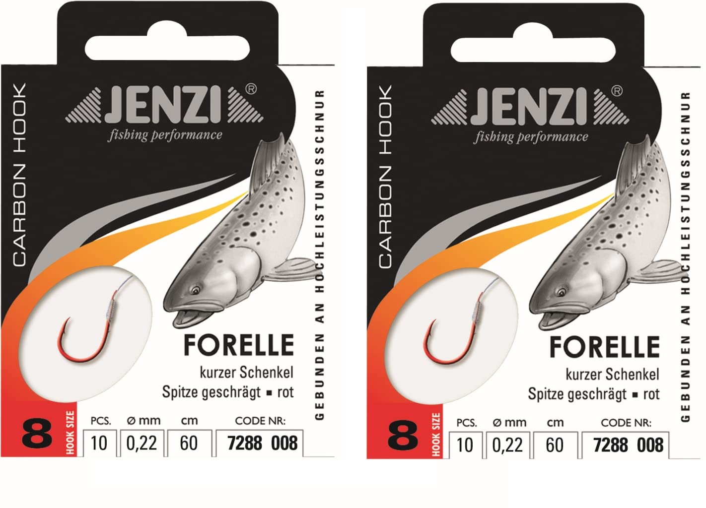 2 Packs of Jenzi Bonded Trout Hooks (20 Pieces) on 0.22 Mono 60 cm Hook Size 8+ Free Petri Heill Sticker