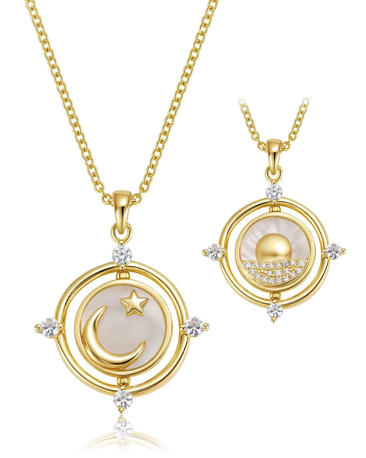Compass Sun Moon Star Ocean Necklace: 14K Gold Plated Mother of Pearl Rotating Double Sided Pendant Celestial Everyday Necklace Trendy Dainty Jewelry Anniversary Birthday Gifts for Her Wife Daughter
