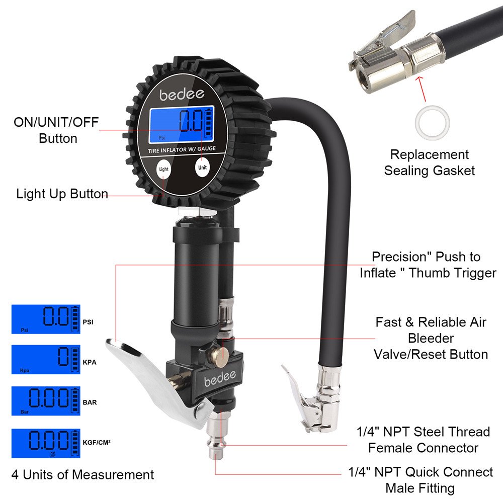 bedee Manómetro Digital Medidor de Presión de Neumáticos, Medidor Digital de Ruedas Llantas 200 PSI Alta Preciso con Pantalla LCD, para Coche Motocicletas Automóviles
