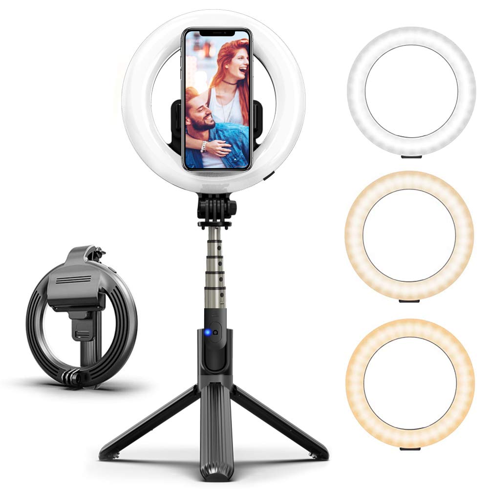 Rechargeable 6.3" Selfie Ring Light with 30.7 Inch Selfie Stick Tripod, [2021 NEW] Portable Cordless Floor Selfie Fill Light for Indoor Outdoor Selfie, Live Streaming, Video Conference, Tik Tok