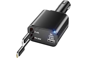 HATALKIN Retractable Car Charger, 69W Smaller 4 in 1 Fast Car Phone Charger, 2 Retractable Cables and USB C Car Charger, Car Charger Adapter for iPhone 15/Pro Max/14/13/12/11/ iPad Pro/Samsung/Pixel