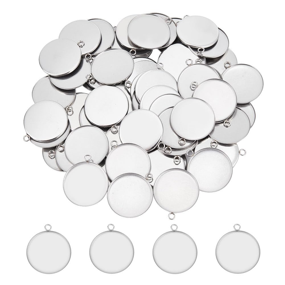 UNICRAFTALE 100pcs 30mm Blanks Dangle Charms 304 Stainless Steel Cabochon Pendant Settings Flat Round Cabochon Settings Trays Pendant with Hole for Jewelry Making 36x31x2mm
