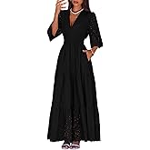 Lazysmile Long Sleeve Dresses for Women V Neck Hollow Out Eyelet Ruffle Swing A-Line Fall Vacation Boho Maxi Dress