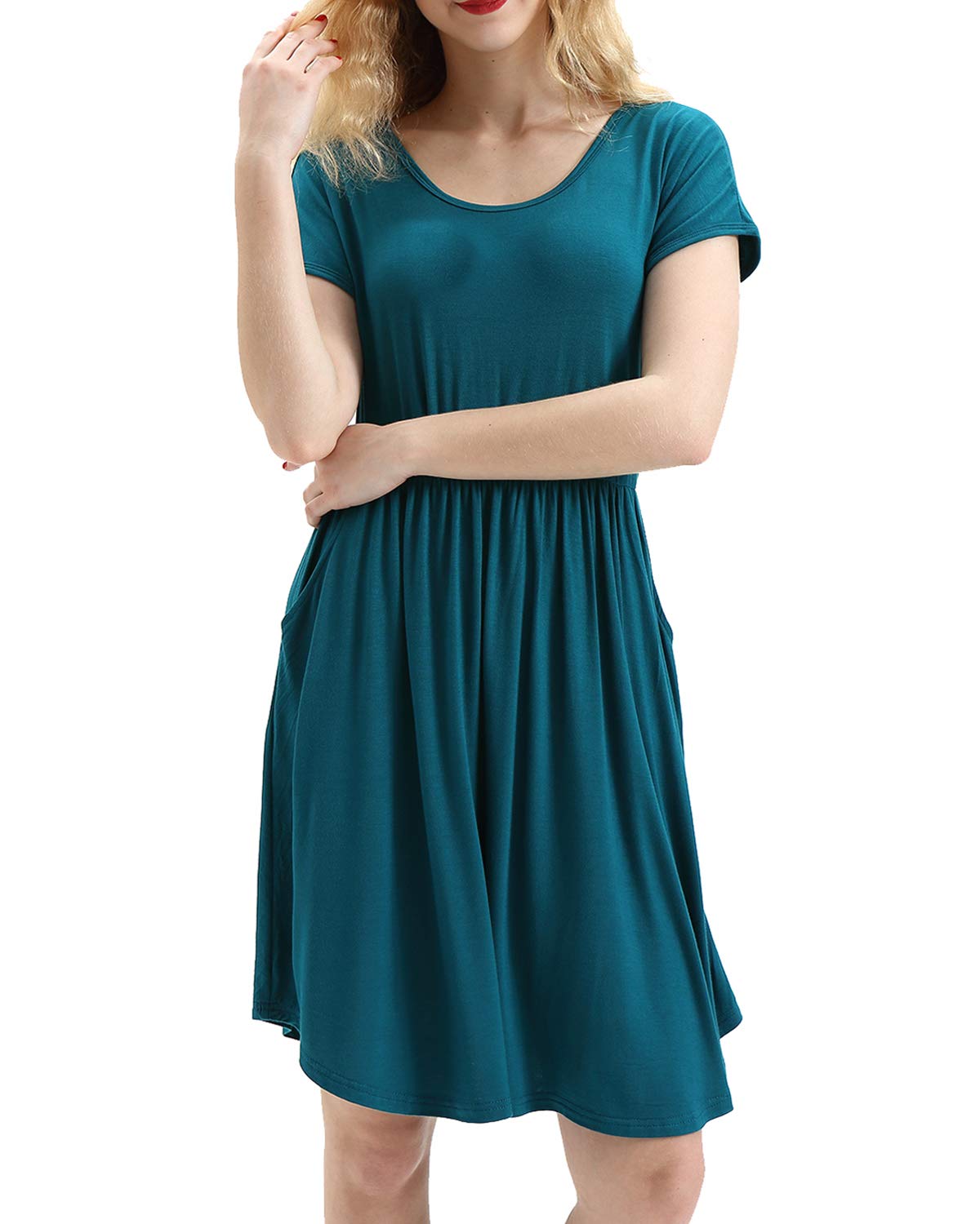 HUALAIMEI Pleated Dresses for Women, Ladies Scoop Neck Short Sleeve Vintage Midi Dress Casual Long Tunic with Pockets Knee Length Shirts Dark Cyan L