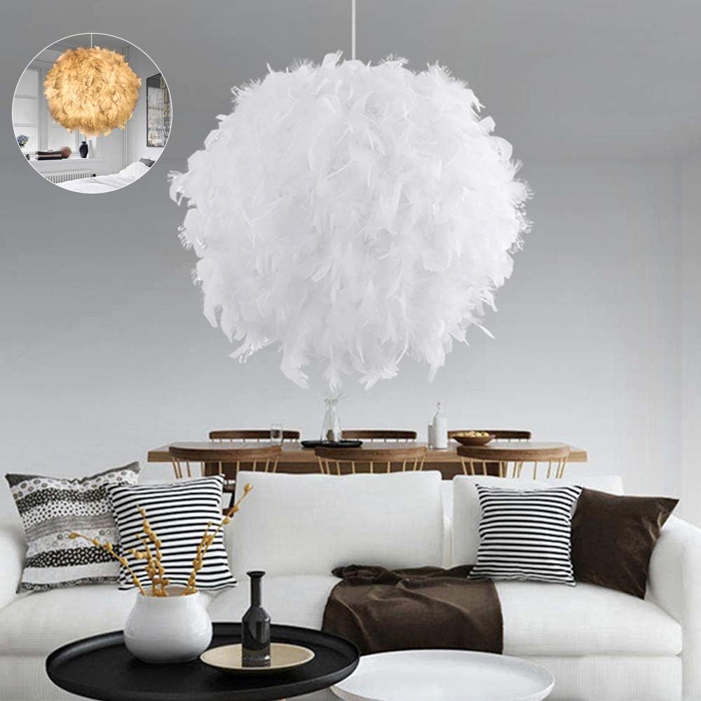 White Feather Ceiling Pendant Light Shade Simple Romantic Droplight Lampshade with E27 Bulb