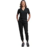 Green Town Scrubs for Women Scrub Set - Jogger Pant and Tuck-In V-Neck Top, 5 Pockets, Yoga Waistband, Nursing Uniform-Black-Small