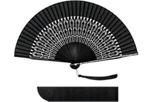 Raveahem Folding Silk Bamboo Hand Fan for men/women Chinese/Japanese Craft Handheld Fan for Gift,Dance,Festival,Club,Freaky,Event,Party,Decoration (Blk)