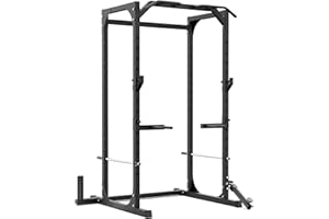 Synergee Power Rack Cage with J-Cups, Safety Arms, Pull Up Bar, Landmine & T Bar, Barbell Hold, Dip Station. Exercise Stand w