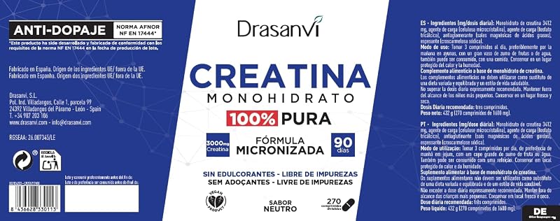 Creatina Monohidrato 100% Pura en Comprimidos, 270 Unidades