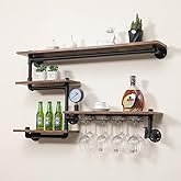 HEONITURE Industrial Pipe Shelves Wine Rack Wall Mounted with 4 Stem Glass Holder,Bar Shelves 39in Metal Hanging Wine Rack, Rustic Floating Pipe Shelf, Living Room Kitchen Decor Display Rack