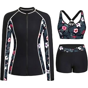 Women 3 Piece Rash Guard Long Sleeve Swimsuit with Sports Bra and Shorts | UPF 50+ Sun Protection, Zip Up Swim Shirt, Sports