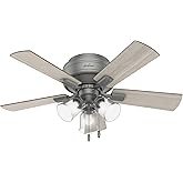 Hunter 42 inch Indoor Ceiling Fan with LED Lights and Pull Chain - Low Profile Mount Ceiling Fan, 5 Blades, For Bedroom, Livi