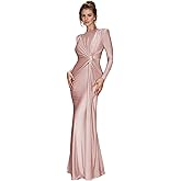 RARITYUS Women's Elegant Knot Ruched Long Sleeve Maxi Dress Shoulder Pads Long Formal Dress Cocktail Evening Party Dress