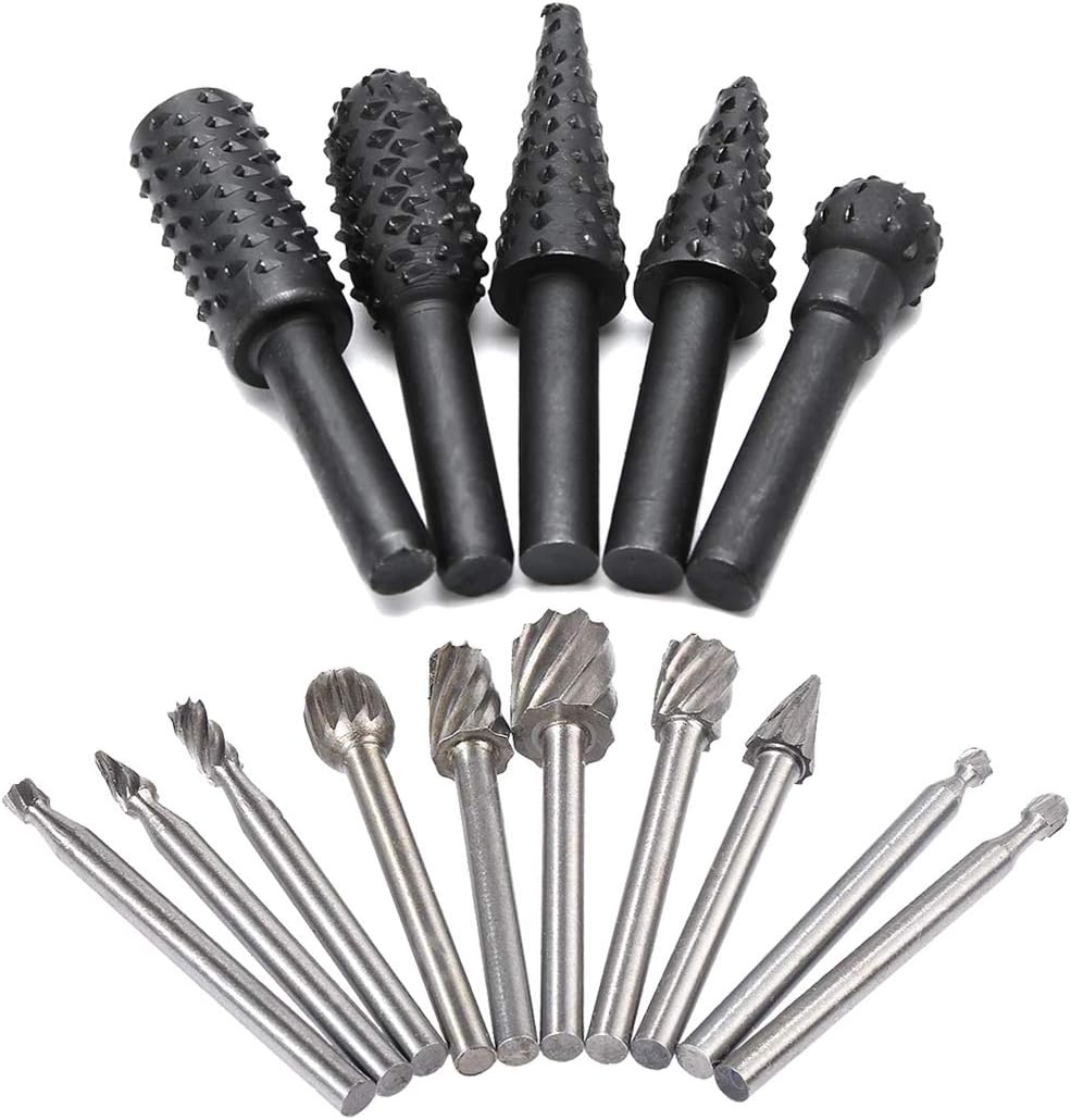 Saipor 5pcs 1/4" Shank Rotary Rasp File Burr Set Woodworking Chisel Shaped Rotating Embossed Grinding Head and 10pcs 1/8" Shank HSS Routing Router Bits Burr Wood Carving Drill Bits Set