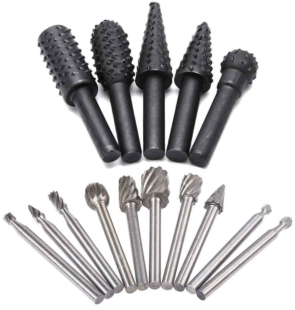 Saipor 5pcs 1/4" Shank Rotary Rasp File Burr Set Woodworking Chisel Shaped Rotating Embossed Grinding Head and 10pcs 1/8" Shank HSS Routing Router Bits Burr Wood Carving Drill Bits Set