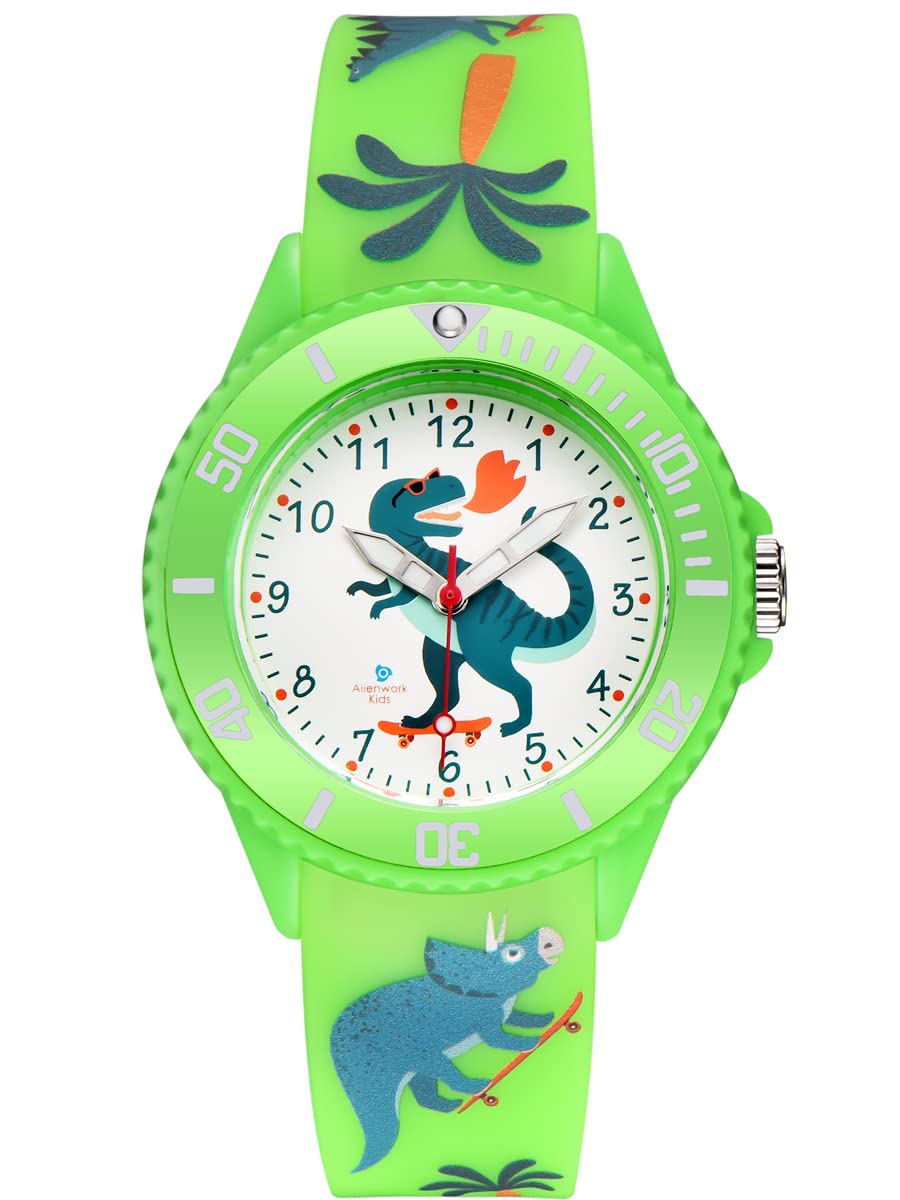 Alienwork Kids Dino T-Rex Children's Teacher Watch Boys Girls Green Silicone Strap Children's Kid Waterproof 5 ATM Learning Time