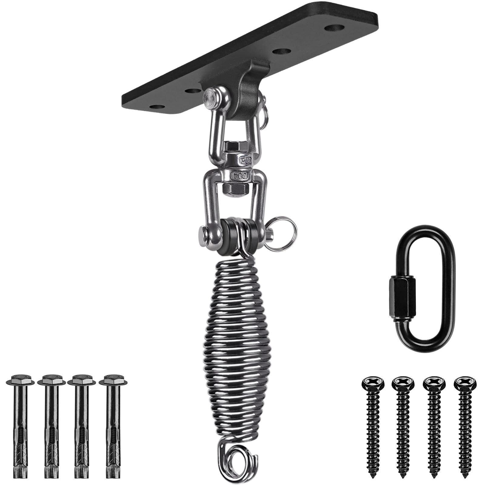 Dolibest Punching Bag Hanger, Boxing Ceiling Hook Punch Holder 4 Hole Swing Bracket 360 Swivel with Carabiner&6mm Spring for Hanging Heavy Bag Hammock Chair Wood/Concrete Wall Beam Mount, up to 350lbs