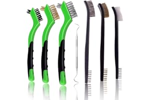 SANJIAN 7PCS Wire Brush Set - 2Pcs Stainless Steel Brushes, 2Pcs Brass Brushes, 2Pcs Nylon Brushes, 1Pc Steel Pick with Curved Ergonomic Handle Grip for Effective Rust Removal, Dirt, Paint Scrubbing