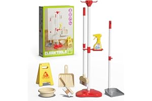 DOLIVE Kids Mini Cleaning Toy Set 8 Piece Toddler Cleaning Kit with Broom, Dustpan, Storage Rack, Wet Floor Sign & More, Housework Pretend Play Gift for Girl Boy