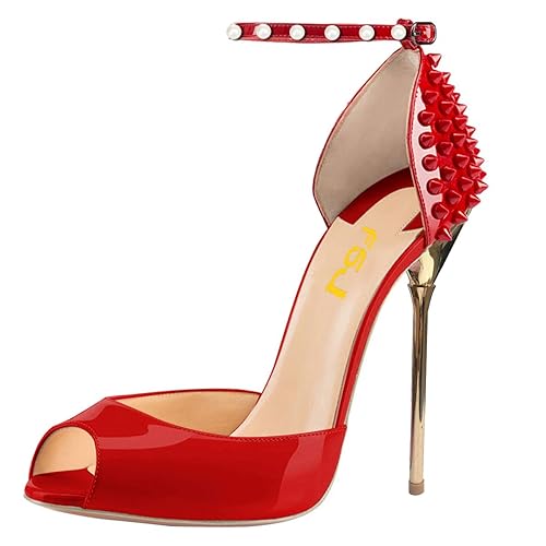 FSJ Women Spikes Rivets Peep Toe Sandals Stiletto High Heel Ankle