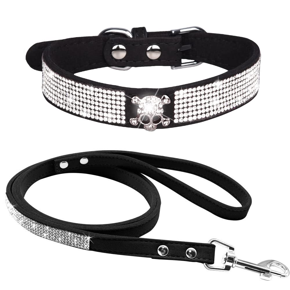 haoyueer Rhinestone Dog Collar, Cute Dazzling Sparkling Soft Suede Leather Dog Cat Rhinestone Collar Leash Crystal Diamond Pet Dog Puppy Collar (L, Black-5)
