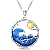 SELKAT Wave Necklace 925 Sterling Silver Blue Ocean Wave Pendant Necklace Sea Beach Themed Jewelry Gift for Women Surfer