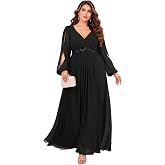 Ever-Pretty Women's Long Sleeves Plus Size Formal Mother of Bride Dresses | V-Neck, Fall Winter, Applique, A-Line, Plus Size Formal Wedding Guest Dress, Plus Size Evening Dresses