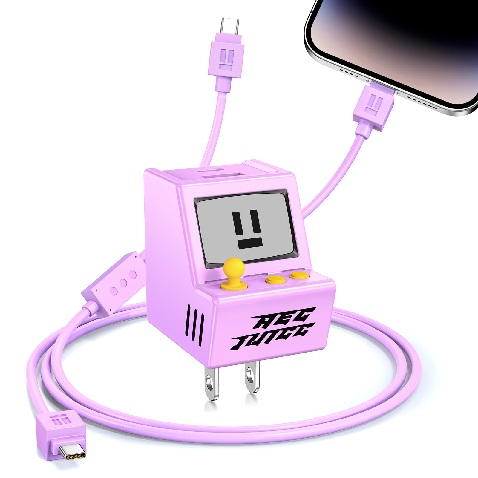 SAMONPOW 30W USB C Charger Block Retro Game Console Dual Port Type C Wall Charger with 4FT Long 2 in 1 USB C Phone Charger Cable for iPhone 17/16/15/14/13/12/11 Pro, Galaxy S26 S25 S24 Ultra Purple