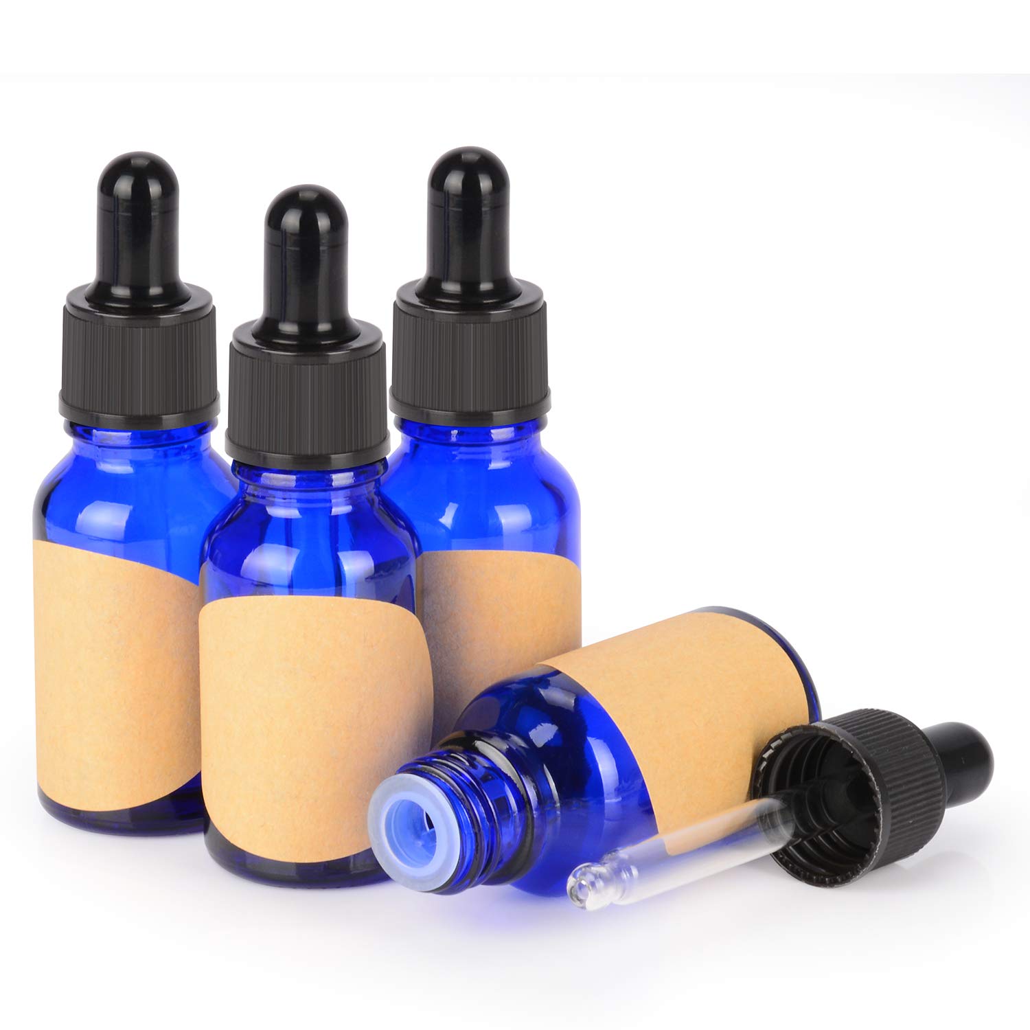 stonylab 4-Pack Glass Dropper Bottle, Empty Bottle with Glass Dropper, Inner Plug and Label for Laboratory Solutions (15 ml, Blue)