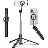 TONEOF 68" Magnetic Selfie Stick Tripod with Aluminum Strong Magnetic Holder for Magsafe, 360° Rotatable Travel Phone Tripod Stand with Metal Ring & Rechargeable Remote for iPhone/Android(Black)
