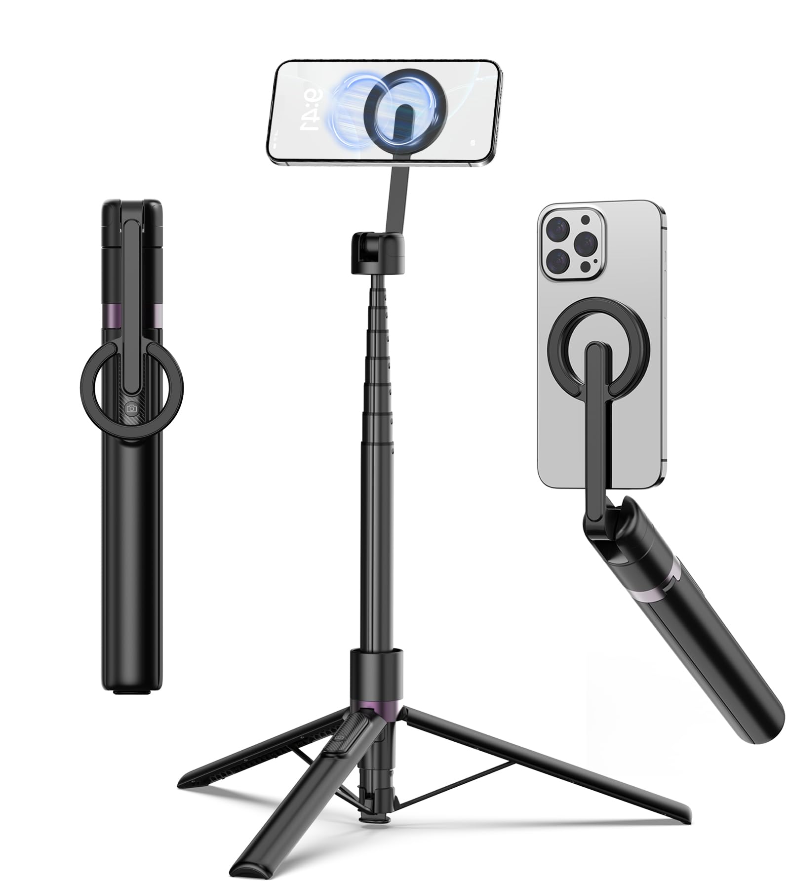 Photo 1 of TONEOF 68" Magnetic Selfie Stick Tripod with Aluminum Strong Magnetic Holder for Magsafe, 360° Rotatable Travel Phone Tripod Stand with Metal Ring & Rechargeable Remote for iPhone/Android?Black?