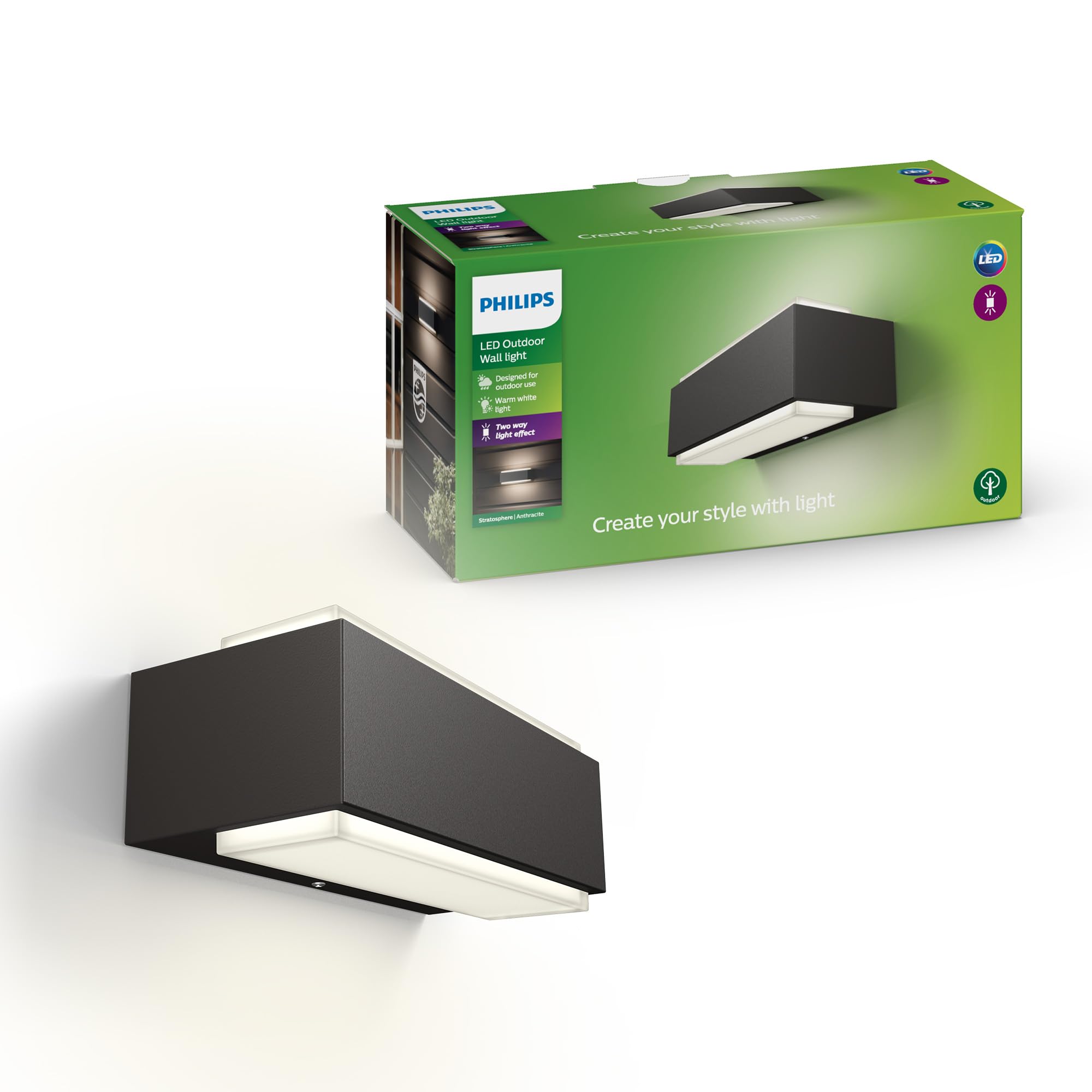 Philips Stratosphere LED Outdoor Wall Light, 9W, 1,000 lm, 2,700 K Warm White Light, IP44 Weather-resistant, Vertical Light, Built-in LED, Aluminium, Anthracite Grey, 2-Pack