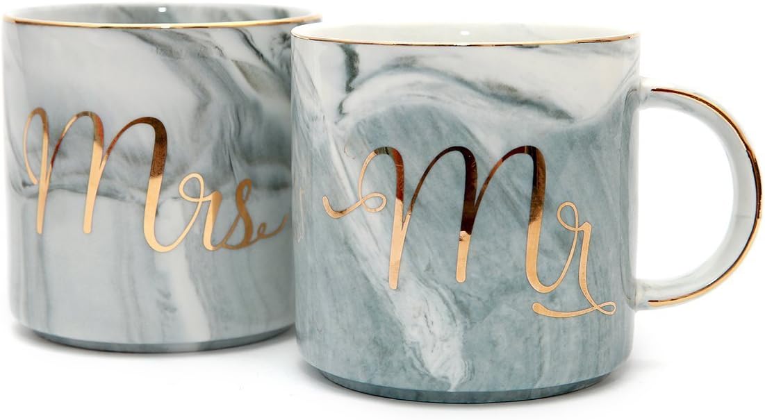 Tergi Mr and Mrs Mugs Set - Engagement and Wedding Gifts For Bride and Groom - Anniversary Coffee Cups for Engaged Married Couples - Gold & Marble Ceramic Mugs 11.5 oz