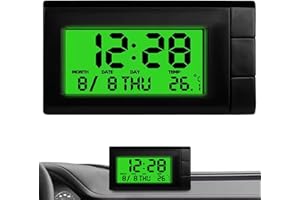 Car Clock, LCD Tiny Digital Clock with Calendar and Thermometer, with Green Backlight, Double Side Adhesive for Dashboard Car