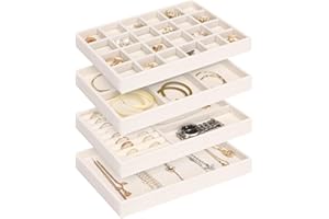 Jenseits 4 Jewelry Organizer Drawer Insert, Stackable Velvet Jewelry Tray Organizer Display Case Storage Containers, Earring Holder Necklace Watch Bracelet Accessary Ring Trays, Gift For Women (Beige)