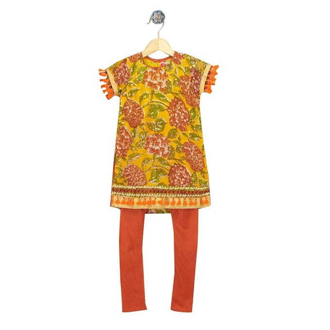 Kids Chakra By Hopscotch Girls Cotton Silk Half Sleeves Marigold Churidar Set in Yellow Color