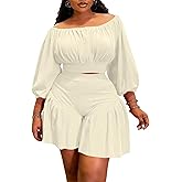 AWASIR Women's Plus Size 2 Piece Outfits Off Shoulder Long Lantern Sleeve Crop Top and Ruffle Shorts Set