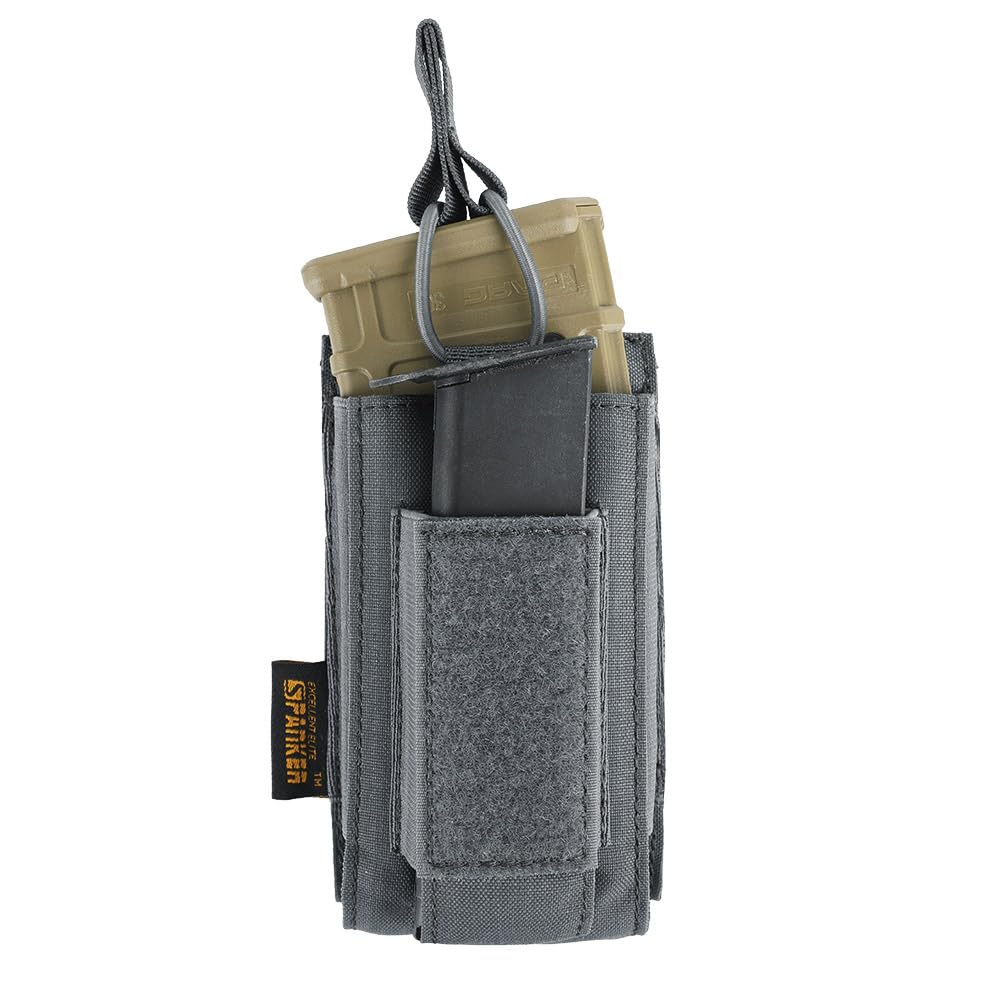 EXCELLENT ELITE SPANKER Open-Top Single/Double/Triple Mag Pouch for M4 M14 M16 AK AR Elastic Kangaroo Rifle Magazines and Pistol Mag Pouch(Single-Grey)