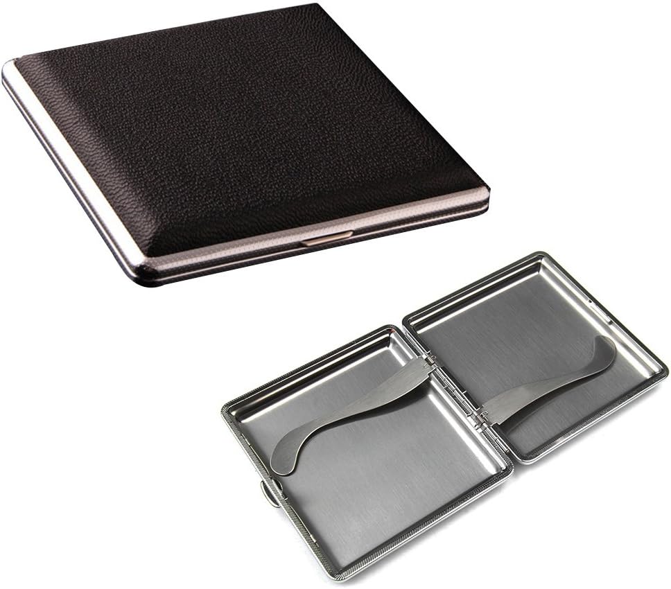 Portable Stainless Steel and Leather Double Sided Flip Open Extra Slim Metal Cigarette Case Box Holder Holds 20 Cigarettes (Style 1)