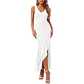 BTFBM Summer Dresses for Women 2026 Bodycon Ruched Sleeveless V Neck Solid Maxi Cocktail Wedding Guest Dress