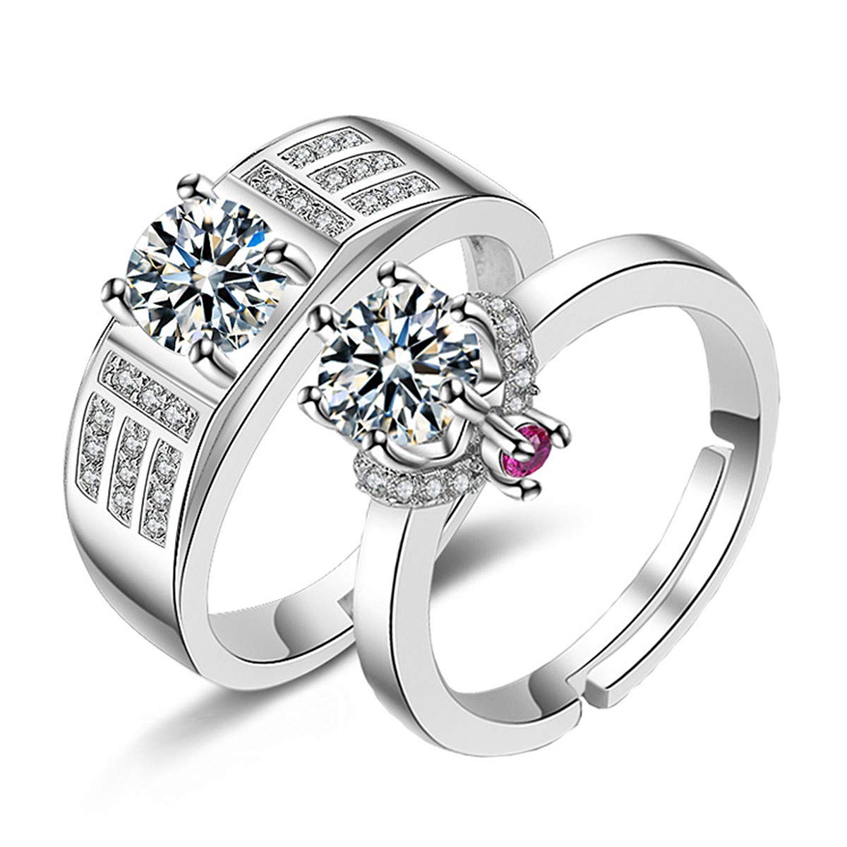 Uloveido 2Pcs Wedding Ring Set for Him and Her, Square Wedding Bands for Men, Lab Created Diamond Solitaire Engagement Ring for Women Y849-Silver