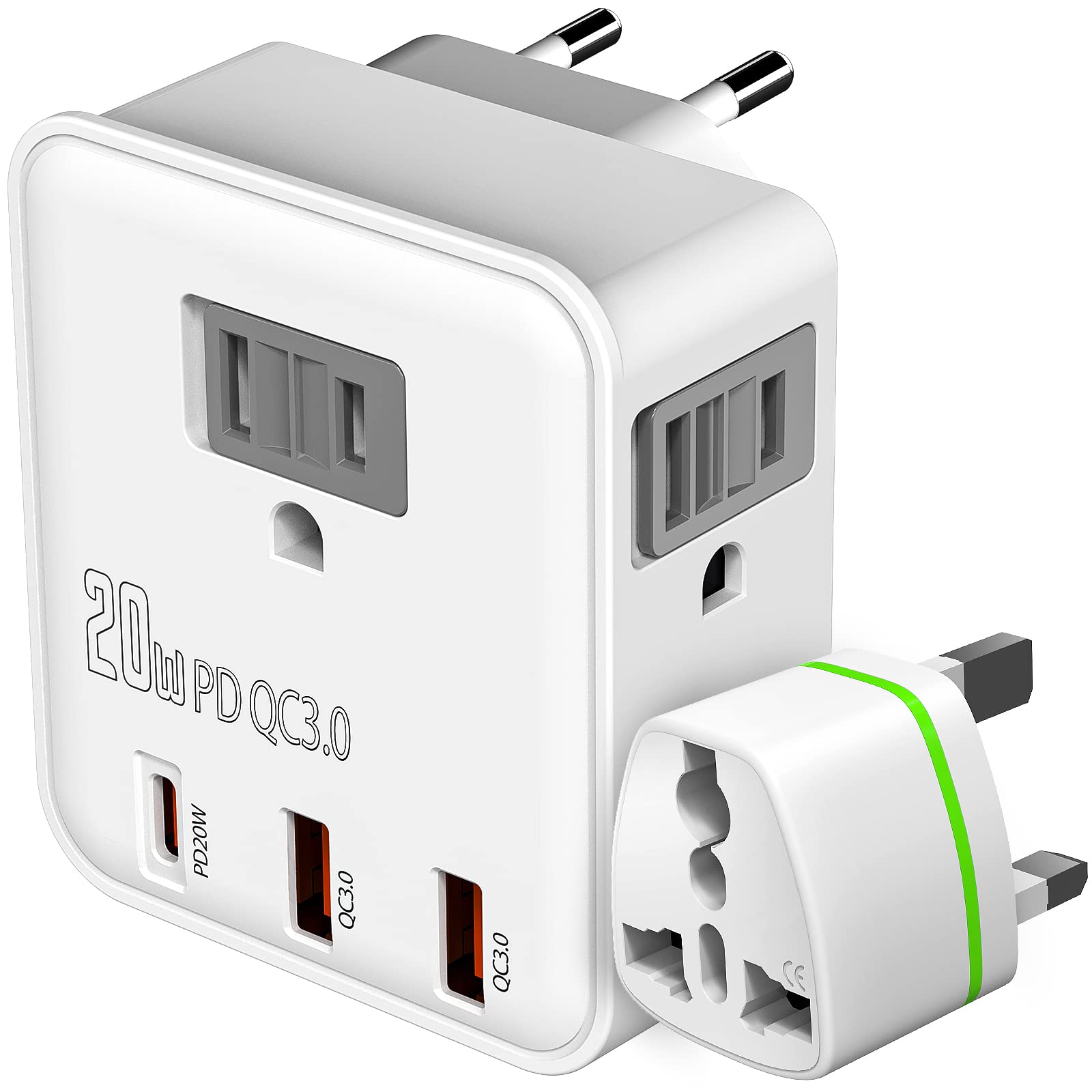 Photo 1 of ***PACK 2**UK & European Travel Plug Adapter - Fast Charger for iPhone iPad 20W PD USB C & Quick Charge QC 3.0, 2500W Power Adaptor 3 US Outlets American to EU Europe Italy France Travel Essentials Accessories