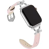 Osber Genuine Leather Band Compatible with Apple Watch Women 38mm 40mm 41mm 42mm(2024 series 10), Designer Slim Leather Strap with D-Shape Silver Metal Buckle for iWatch Series 10 9 8 SE 7 6 5 4 3 2 1, Sand Pink