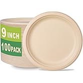 GreenWorks 100 Count 9“ Heavy-duty Compostable Plates, Unbleached Biodegradable Bagasse and Bamboo fiber Paper Plates
