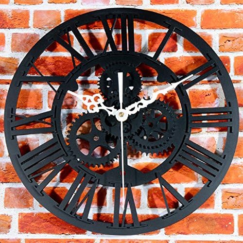 European Archaize Gear Wall Clock Modern Home Decor Clock Large Round Metal Color Wall Vintage Steam Punk Skeleton (Black)