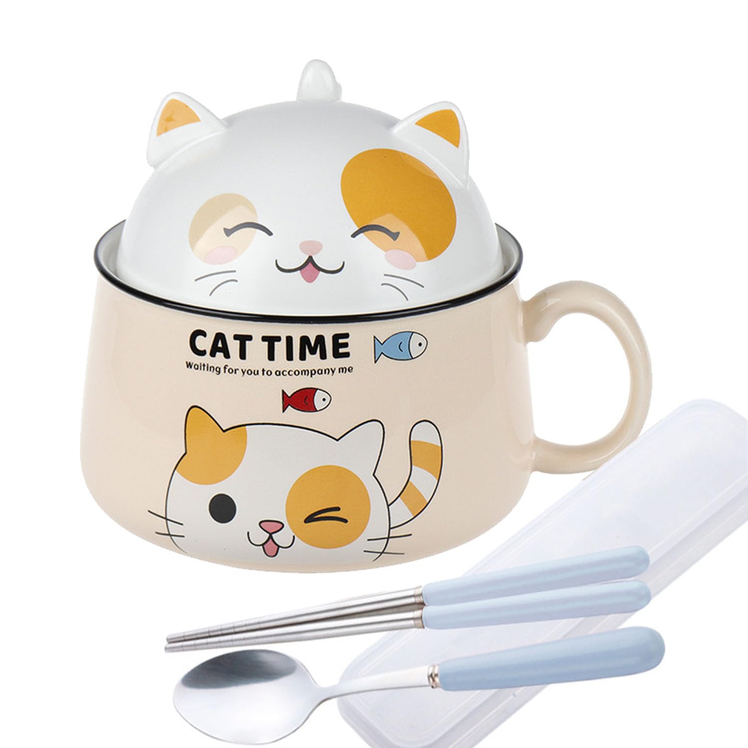 Cute Ramen Bowl with Handle and Lid,Ceramic Instant Noodle Bowl with Spoon & Chopstick,1020ml Large Ceramic Soup Bowls for Soup, Udon Pasta Salad Cereal,Microwave & Dishwasher Safe